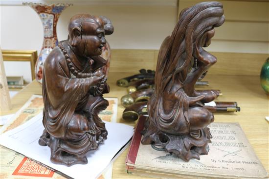 Two Chinese hardwood carvings, boxed, 12in.